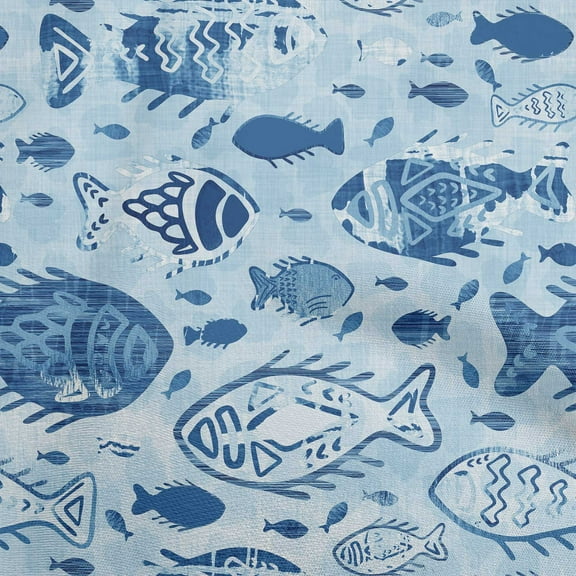 oneOone Polyester Spandex Blue Fabric Asian Block Fish Fabric For Sewing Printed Craft Fabric By The Yard 56 Inch Wide
