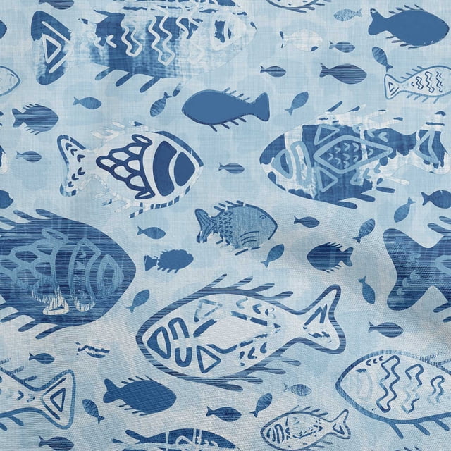 oneOone Viscose Jersey Blue Fabric Asian Block Fish Craft Projects Decor Fabric Printed By The Yard 60 Inch Wide
