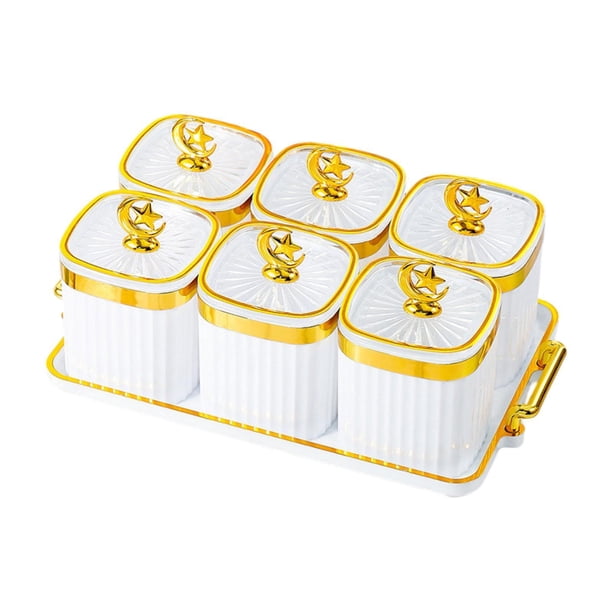 Plato de frutos secos, caramelos y nueces con tapa, Nordic, 6 tarros para galletas, porción dividida Blanco