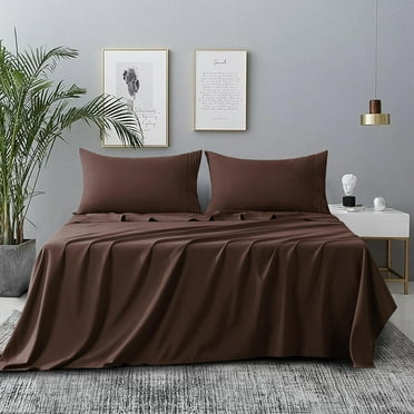 Queen Bed Sheets Set 1800 Series 4-Piece Embroidered Double Brushed Microfiber Sheets 16" Deep Pocket Hotel Soft Luxury Bedding Sheet Set, Wrinkle Resistant, Brown