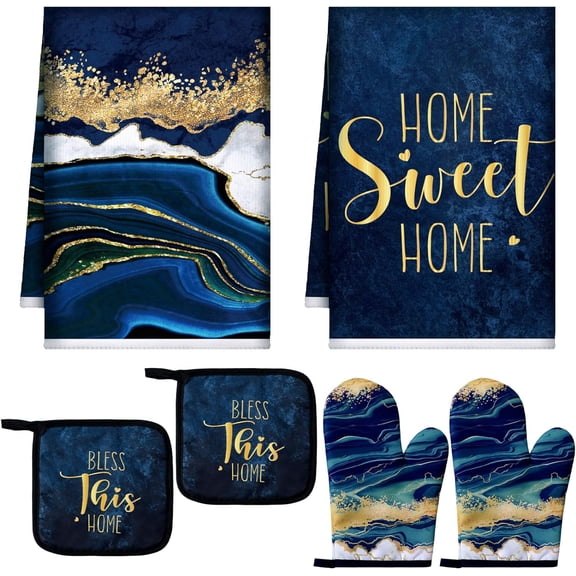 6 Pcs Marble Kitchen Decor Gold Pot Holders Oven Mitts 2 Dish Towels 2 Farmhouse Cooking Mittens Oven Glove and Potholder for Baking Cooking Grilling Supply Accessories(Blue)