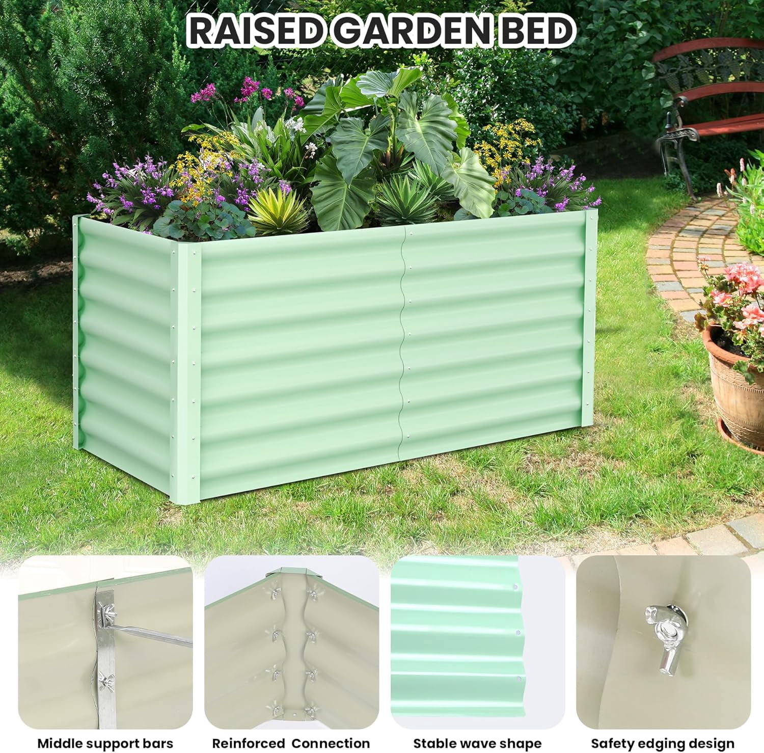 Lumiparty 8x4x2ft Metal Galvanized Raised Garden Bed, Ground Planter Box for Outdoor Vegetables Flowers, Green