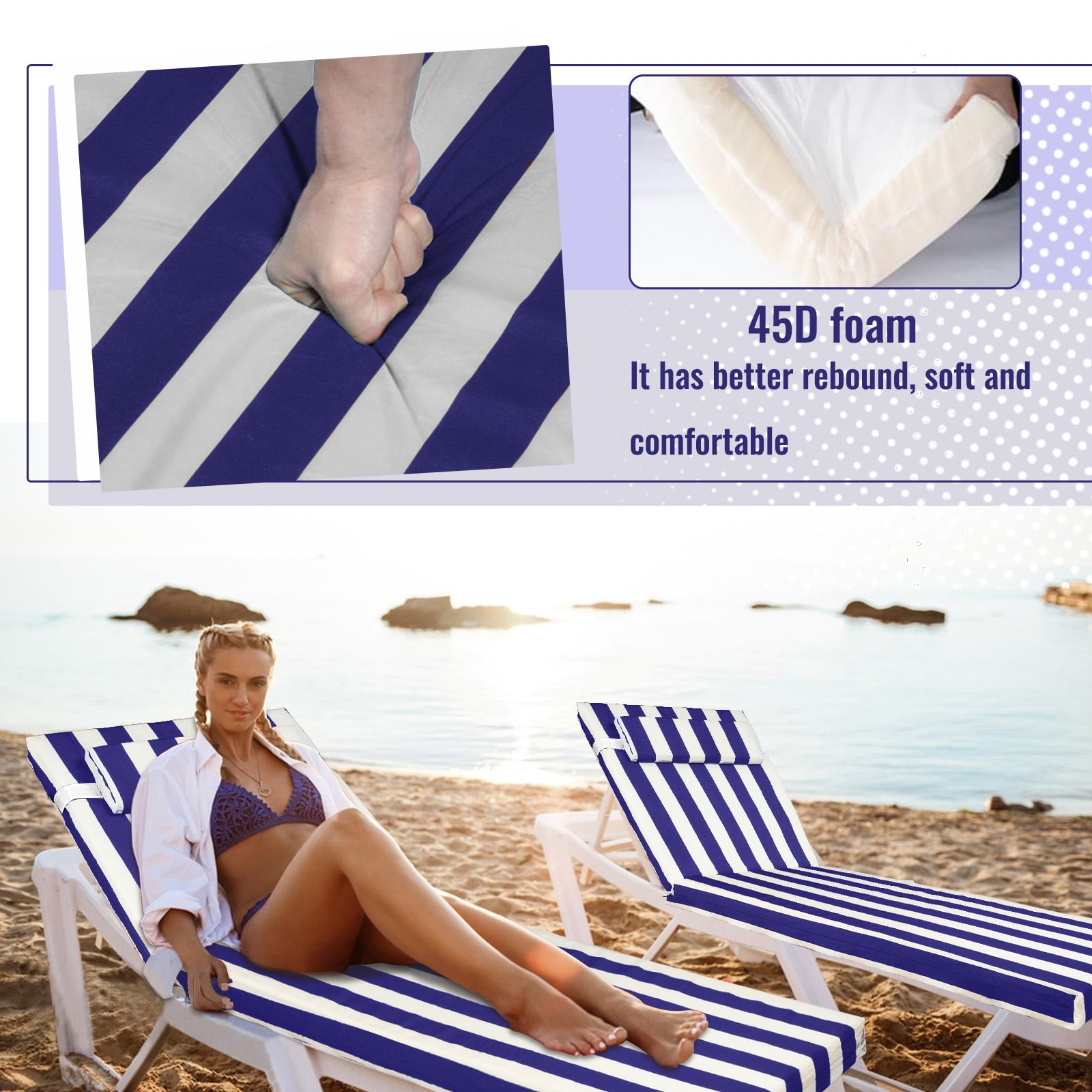 SDJPOI Outdoor Chaise Lounge Cushions, 72×21×3in Patio Chair Cushion for Pool & Beach（Blue White）