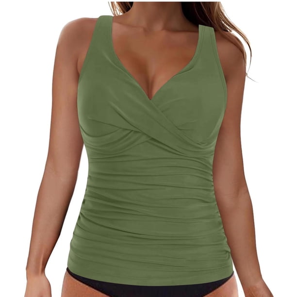 Trajes de Baño de Bikini de Mujer sin Mangas Sólido Empujado Acolchado de Baño Superior, Cuello en V Profundo Envoltura de Textura, Poliéster Spandex