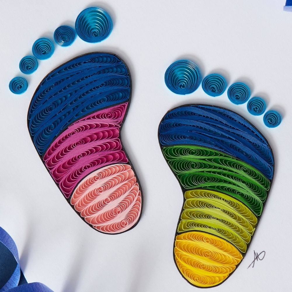 Vietnam Hand Quilled Paper New Baby Footprints Greeting Card