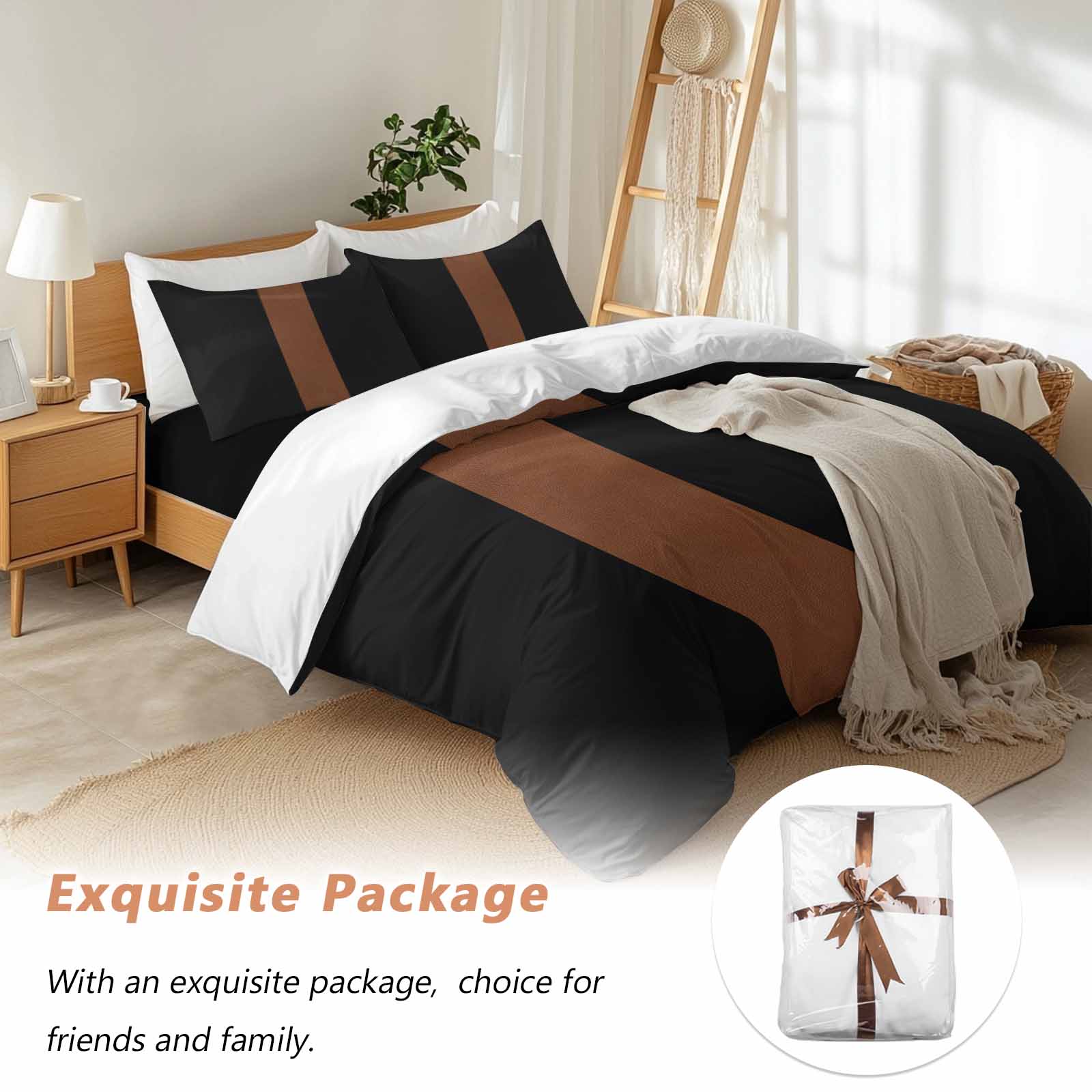 Boho Black Duvet Cover Set Queen Size and Brown Striped Tribal Farmhouse Style Soft Lightweight Comforter Covers 4 Piece Bedding Set with 1 Duvet Cover 1 Bed Sheet & 2 Pillow Shams