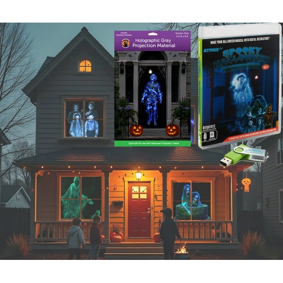 Reaper Brothers Spooky Halloween Hollusion Digital Decoration Kit Includes 8 AtmosFX Video Effects for Halloween Plus 5.5' x 9' Holographic Projection Screen