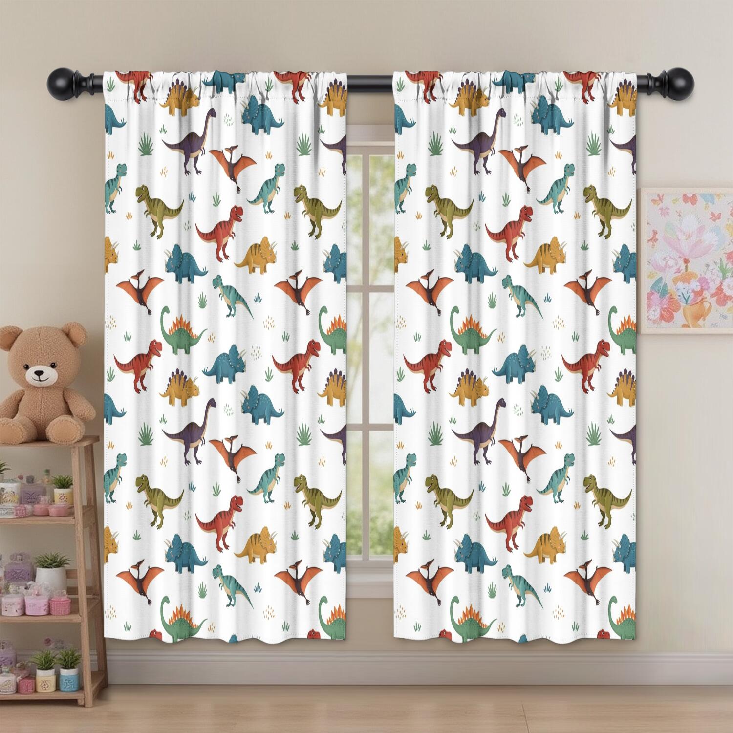 Blackout Kids Curtains,White Dinosaurs Pterosaurs Plants Pattern Childrens Insulated Curtains Set Of 2,Bedroom Essentials,Toddler Room Decor 52"x63"