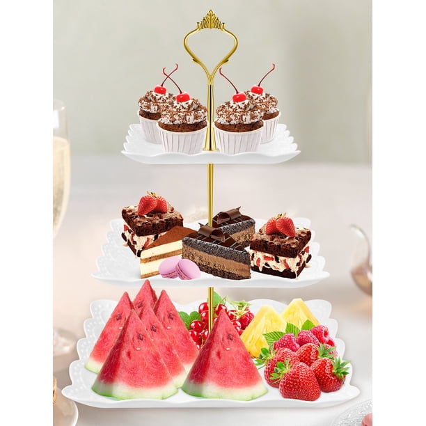 Lot De 2 Présentoirs à Gâteaux 3 Étages Élégants Blanc Et Or - Plateau Service Cupcakes Et Desserts Pour Mariages, Anniversaires Et Fêtes