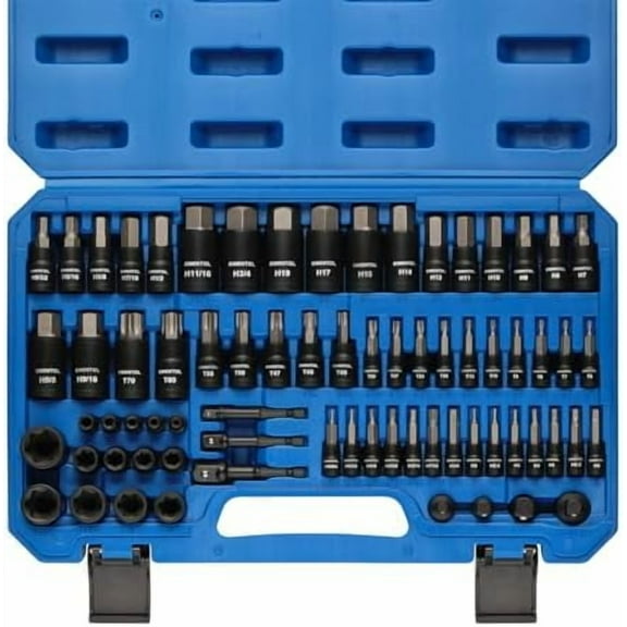 71-Piece Torx Bit & Hex Bit Socket Set, Master SAE/Metric, 1/4", 3/8" and 1/2" Drive, S2 and CrV Steel, Includes E4-E24, Socket/Drill Adapter