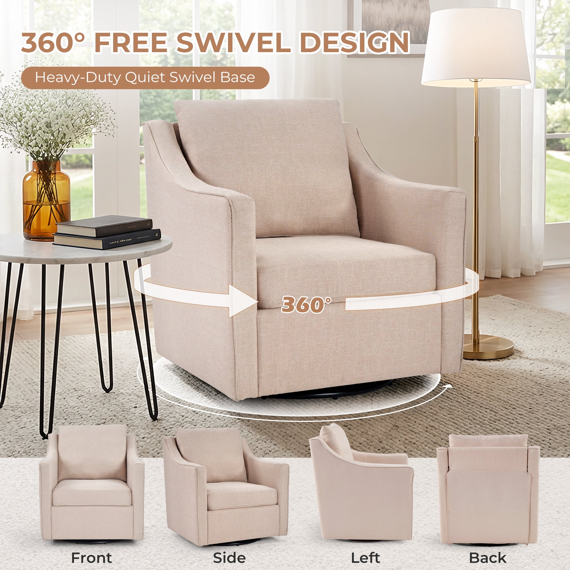 EBELLO Upholstered Accent Chair，Yarn-Dyed Fabric Swivel Chair, Modern Minimalist Armchair with Lumbar Pillow(Single Pack,Beige)