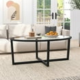 thumbnail image 2 of Gymax Modern Glass Coffee Table w/ Cross Base & Acacia Wood Legs for Small Spaces, 2 of 10