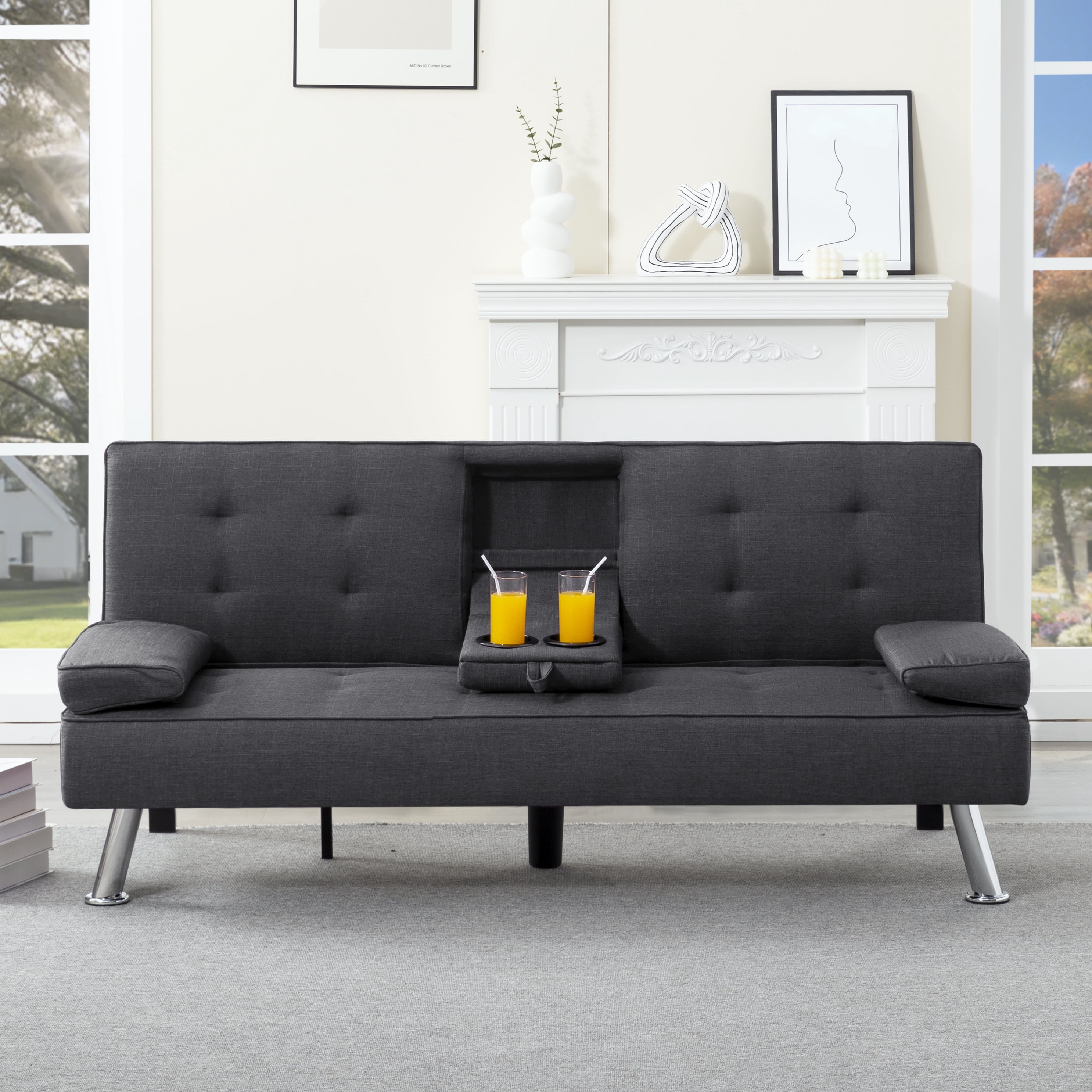 Gewnee 65.35" Futon Sofa Bed Metal Frame 5 Adjustable Positions Cup Holders Storage Pocket Office Apartment Dark Grey