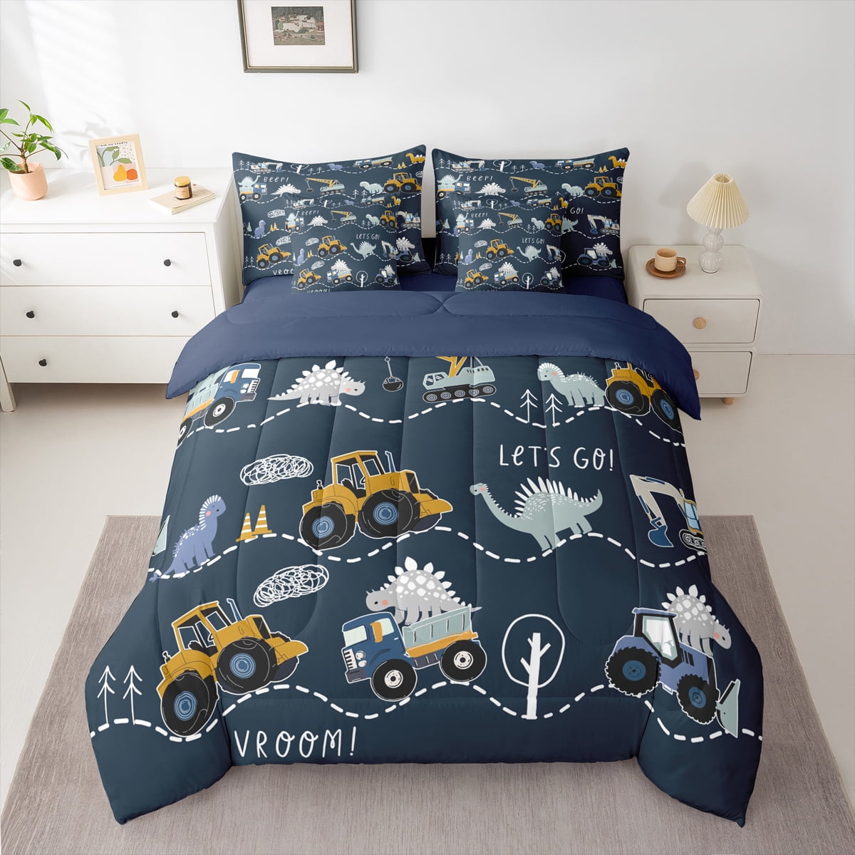Homewish Cute Cartoon Dinosaur 7pcs Bedding Comforter Set,Cartoon Truck Queen Bedding Sets,Deepblue Gray Yellow Queen Sheet Sets For Teens Kid,Luxury Bedroom Decor Reversible