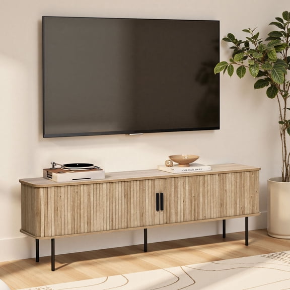 LuxenHome Modern TV Stand with Storage and Slatted Sliding Doors for TVs Up to 65"
