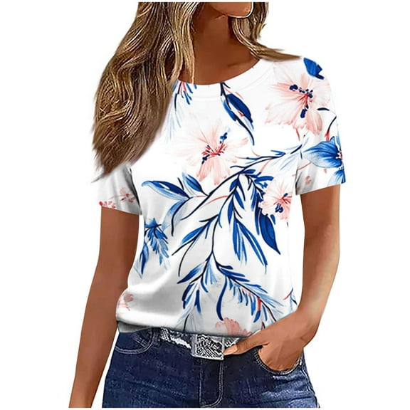 ZQUUVOU Womens T-Shirts Boho Printed Crew Neck Short Sleeved Tops(E-White,S)