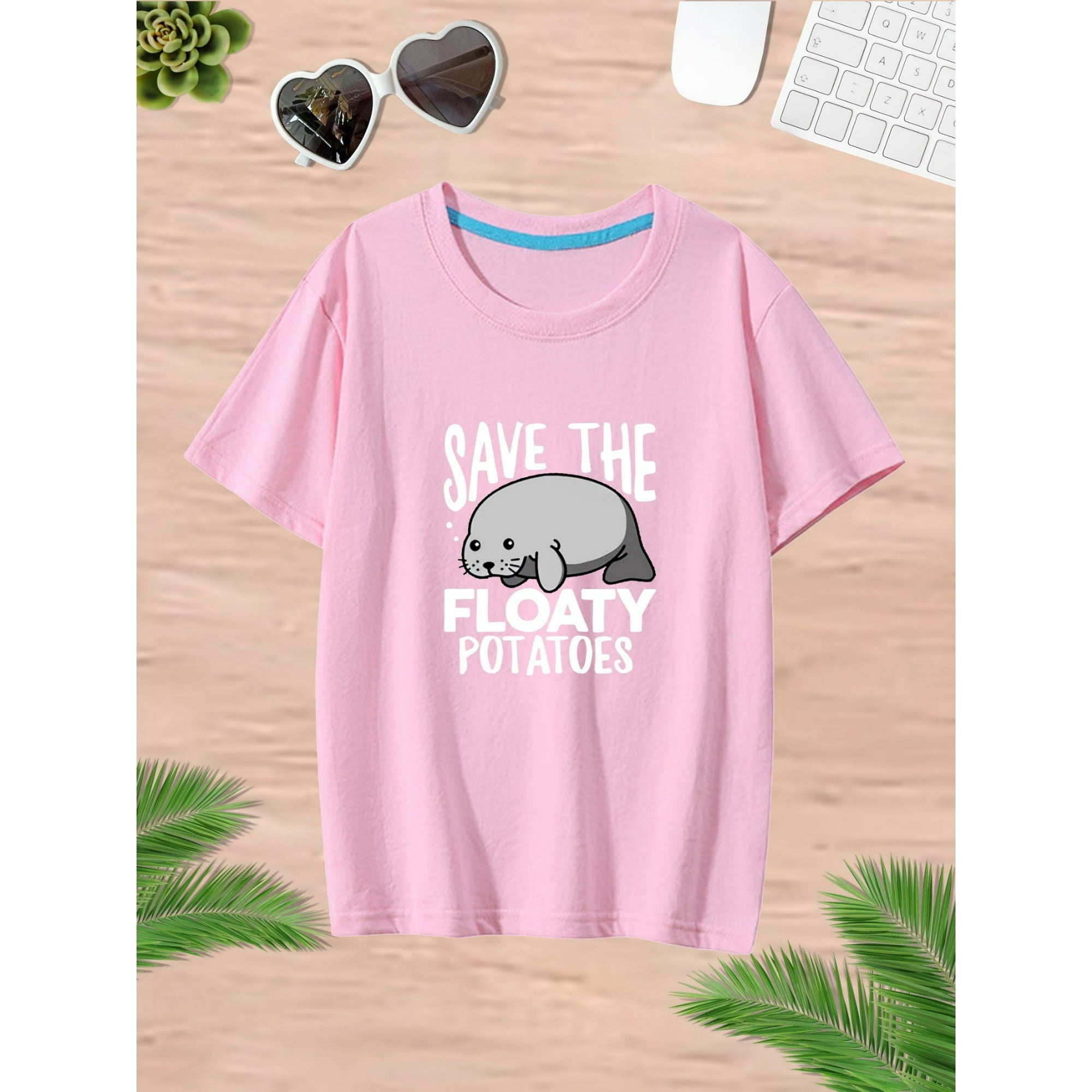 SAVE THE FLOATY POTATOES & Cartoon Sea Lion Graphic Print Tee 