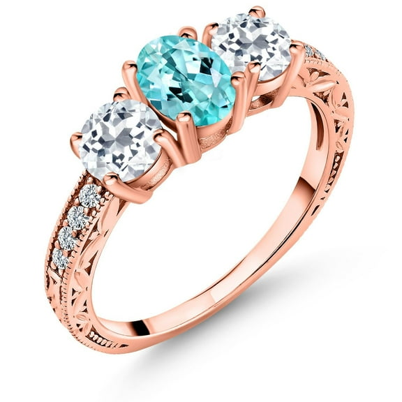 Gem Stone King 2.14 Ct Oval Blue Apatite White Topaz 18K Rose Gold Plated Silver Ring (Size 7)