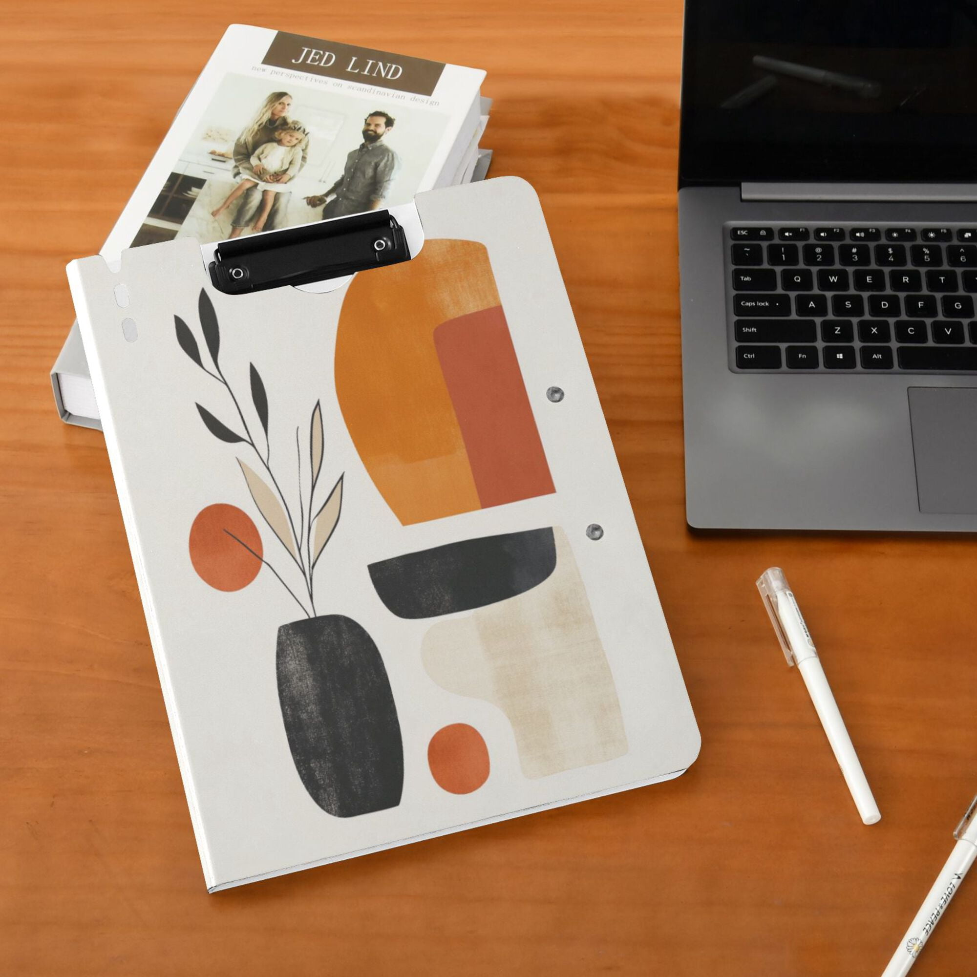 FORMRS A4 Clipboard Folder with Pen Holder Horizontal Foldable School Office Binder, White Abstract Shapes