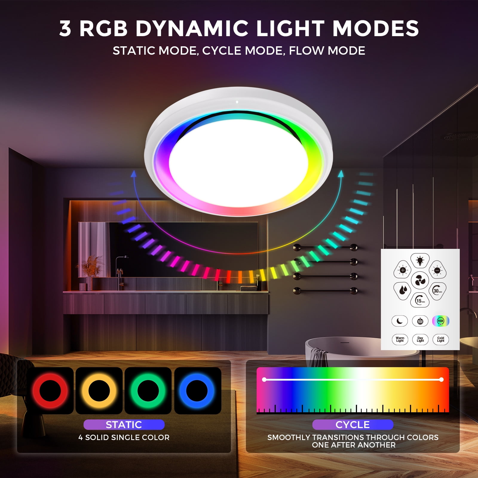 Akicon Bathroom Exhaust Fan with Humidity Sensor, 110 CFM 1.5 Sones Vent Fan with RGB Light, 3CCT Dimmable LED Light & Nightlight for Shower Room, Round, White