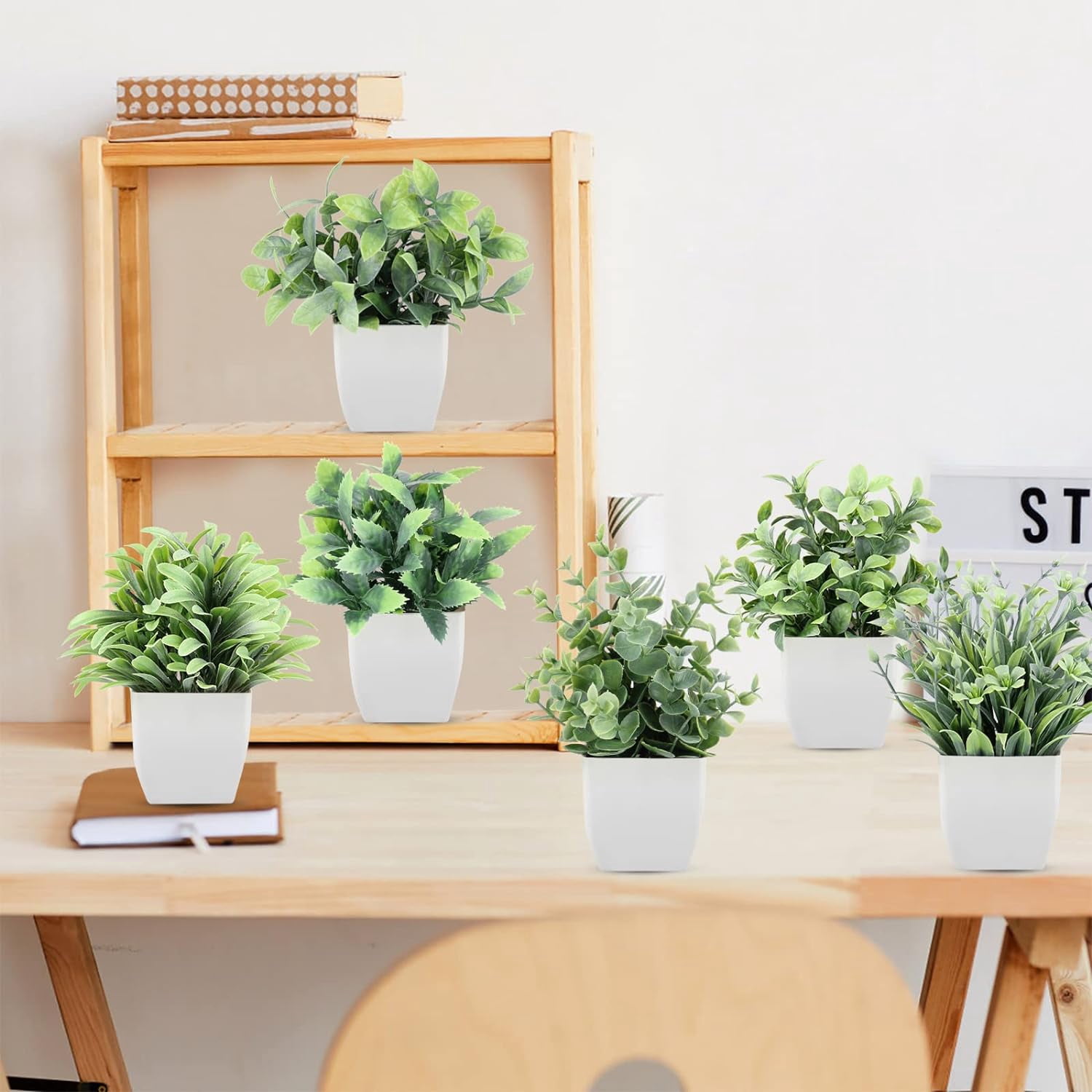 Artificial Plants Mini Fake Potted Plants, 8 pcs Small Eucalyptus Potted Faux Decorative Grass Plant with White Pot for Home Decor, Indoor, Office, Desk, Shelf, Table Decoration