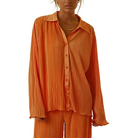 

CoCopeaunts Womens Pleated Pajamas 2 Piece Outfits Long Sleeve Sleepwear Button Blouse Top Wide Leg Pants Sets Loose Loungewear