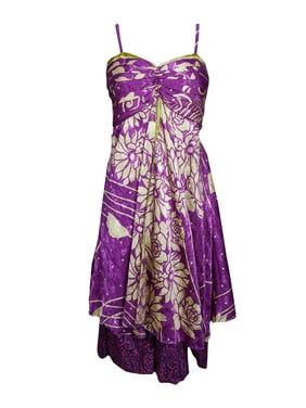 Mogul Women Beige Purple Vintage Recycled Sari Printed Sundress Layered Spaghetti Strap Beach Summer Dresses S/M