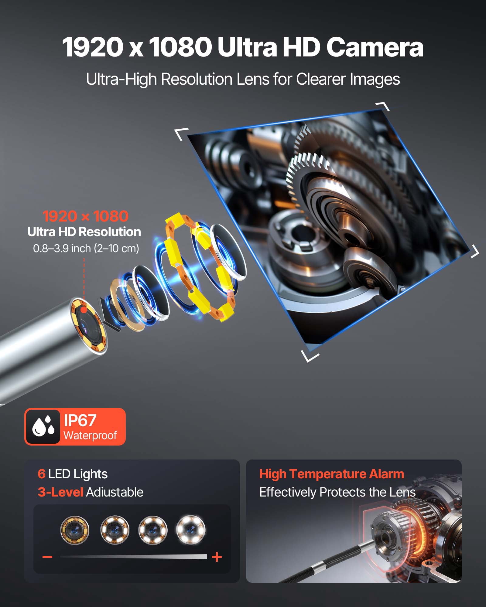 VEVOR 4-Way Articulating Endoscope with Light, True 1080P HD Industrial Borescope Inspection Camera with Articulated Probe, Flexible Snake Scope Cam for Wall Automotive Engine Inspect-4.9FT