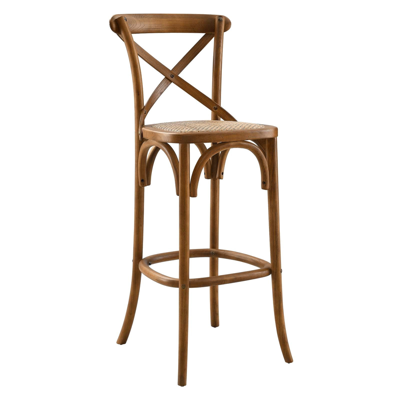 Modway Gear 43.5" Modern Style Rattan and Elm Wood Bar Stool in Walnut Finish