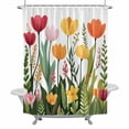 thumbnail image 2 of Spring Floral Shower Curtain for Bathroom Decor, Cartoon Red Pink Yellow Flowers Green Farm Leaves Waterproof Fabric Shower Curtain, 48"x72" Set with 12 Hooks, 2 of 9