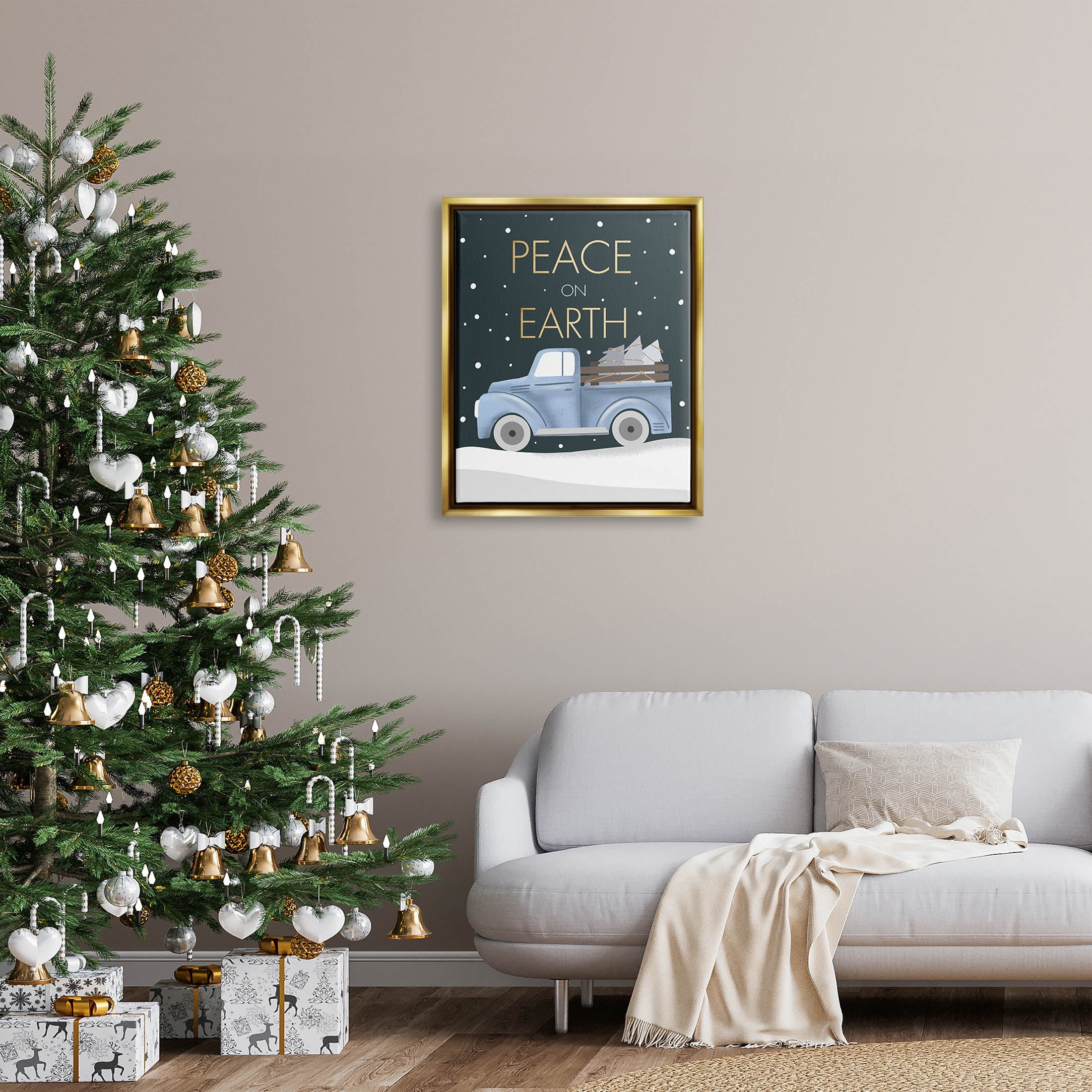 Stupell Industries Peace On Earth Snowy Truck Graphic Art Metallic Gold Floating Framed Canvas Print Wall Art, Design by Louise Allen Designs