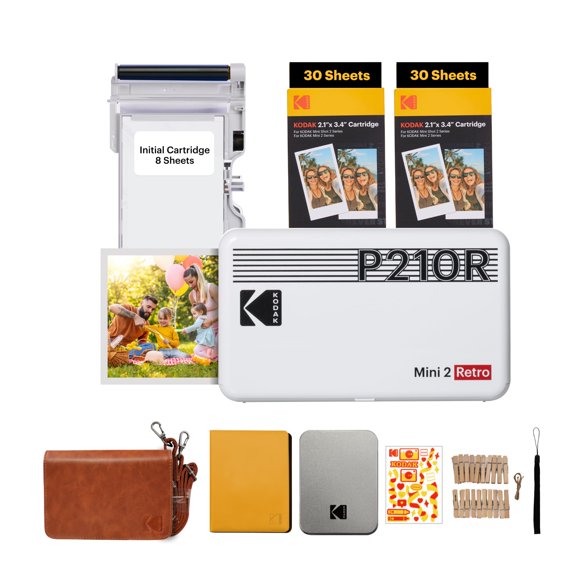 KODAK Mini 2 Retro 4PASS Impresora de Fotos Portátil (5,3x8,6cm) + Pack de Regalo con 68 Hojas, Blanco