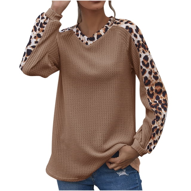 Moda mujer Casual suelta Leapard impreso Irregular empalme cuello redondo camisetas Tops Fridja hkj1204