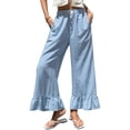 thumbnail image 3 of Women’s Plaid Wide Leg Pants Flared Leg Baggy Drawstring Ruffle Palazzo Pants with Pockets Summer Elastic Waisted Slacks Blue S, 3 of 6