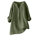 thumbnail image 2 of Plus Size Cotton Linen Blouses for Women Summer Casual Dandelion Print V Neck Button Down Roll-up 3/4 Sleeve Tunic Trendy Tops Shirts, 2 of 3
