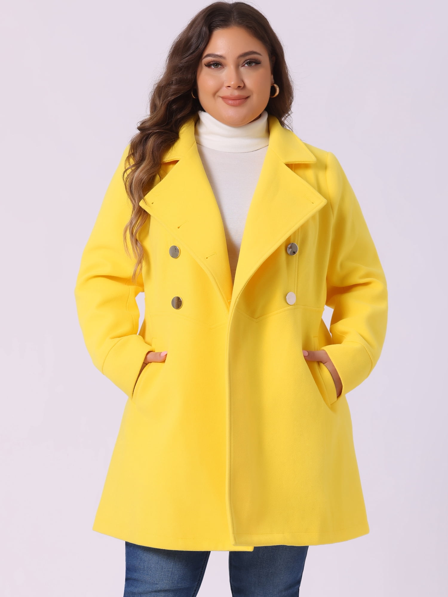 DARING DIVA Women's Plus Size Turn Down Collar Double Breasted A Line Coat 4X Yellow