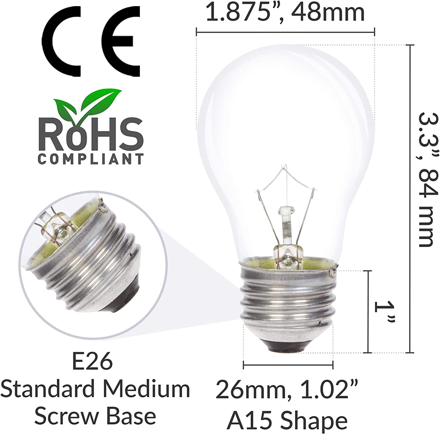 Appliance Light Bulb A15 25W (6 Pack) Incandescent Mini-Standard Shape with E26 Standard Medium Screw Base for Refrigerators, Ovens, 110V 120V 130V, Dimmable, 2700K Warm White