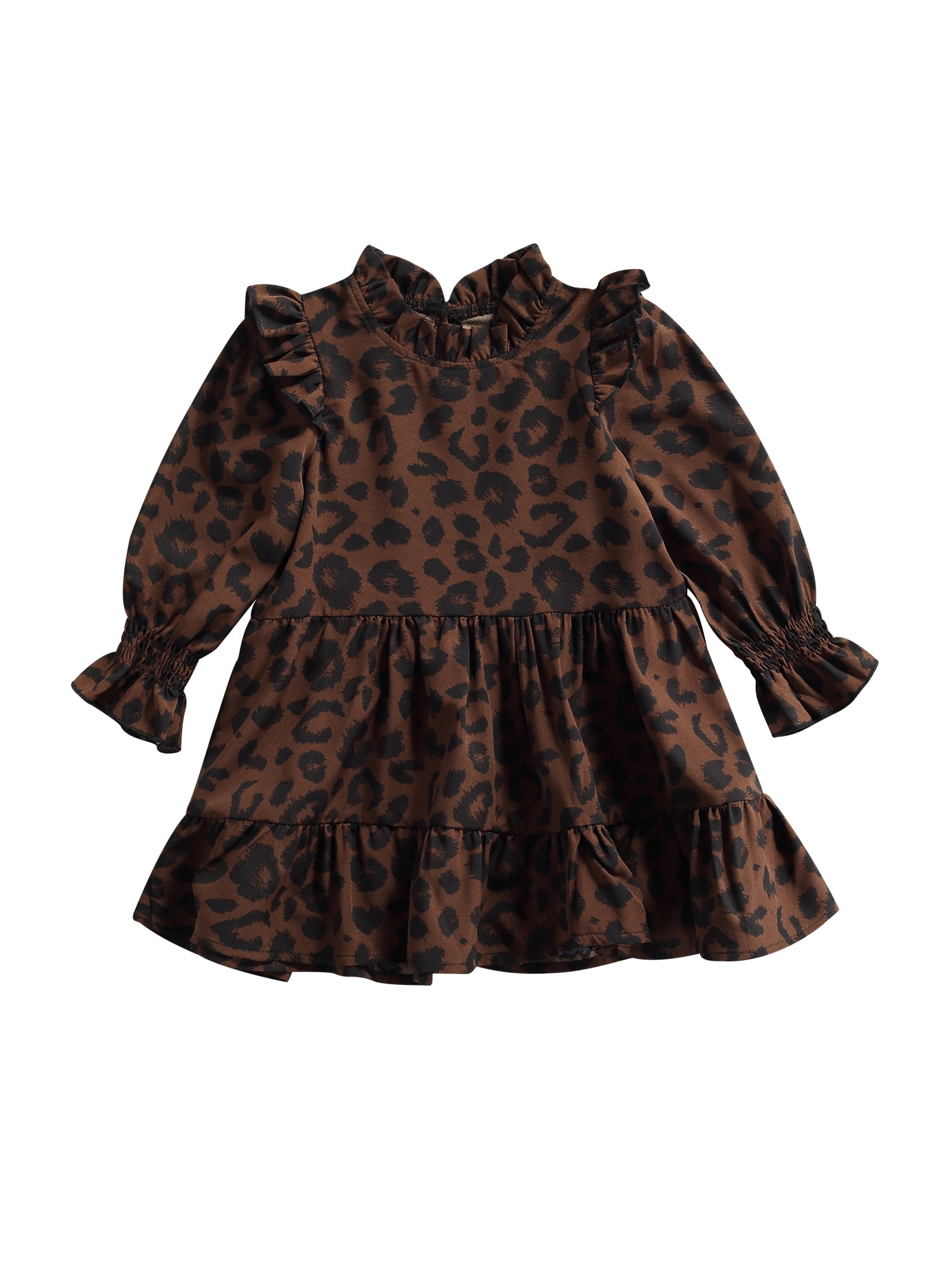 Toddler Baby Girls Leopard Print Dress Long Sleeve Ruffle Neckline