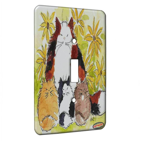 KuzmarK™ Single Gang Toggle Switch Wall Plate - Maine Coon Kitty Family Mama and Kittens with Sunflowers Cat Art by Denise Every