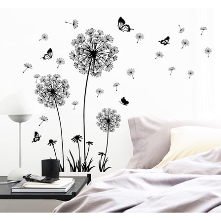 2 Set Dandelion Wall Decals, Flower Stickers, Murals With Butterflies for Bedroom, Office, Bathroom, Living Room - Removable Floral Peel and Stick Art Decoration