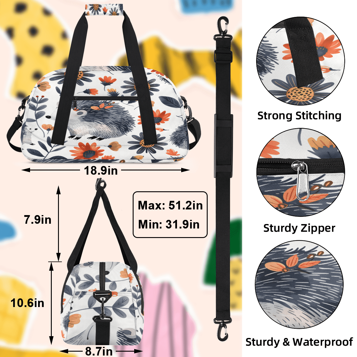Herdesigns Hedgehog Sports Duffle Bag for Women & Men, Flower Gym Bag Dance Bag Overnight Bag Carry On Weekender Travel Bag