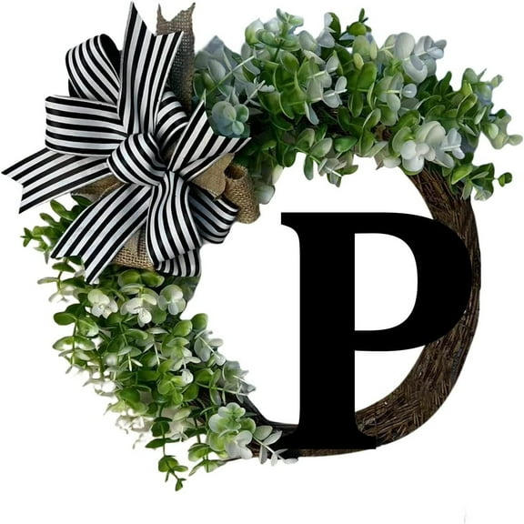 Zenithome Wooden Alphabet Wreath Letters Decorative Door Hanging with Bow, Rattan Ring Wall Decor for Wedding, Home, Garden, Housewarming Gift (Choose Your Letter)
