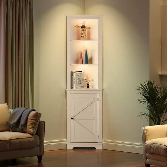 71" Farmhouse Corner Cabinet with RGB LED Light, 5-Tier Corner Bar Display Cabinet with Storage Door, Modern White Corner Shelf for Living Room, Bedroom