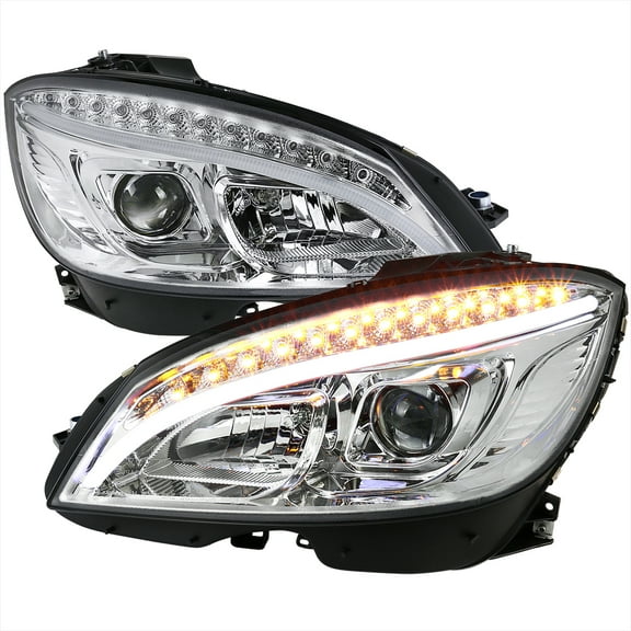 Spec-D Tuning Chrome LED Projector Headlights Compatible with 2008-2011 Mercedes Benz W204 C-Class, Left Right Pair Headlamps Assembly