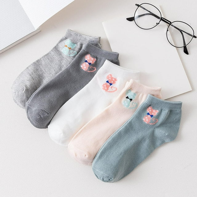 GDREDA Women's 5 Pairs Flower Embroidery Toe seamed Soft Crew Socks (Pink,One Size)