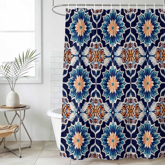 Orange Blue Waterproof Fabric Shower Curtain,Morocco Boho Abstract Floral Ethnic Tribal Waterproof Fabric Shower Curtain for Bathroom Curtains Bathtubs Shower Curtains with 12 Hooks Standard 66x72