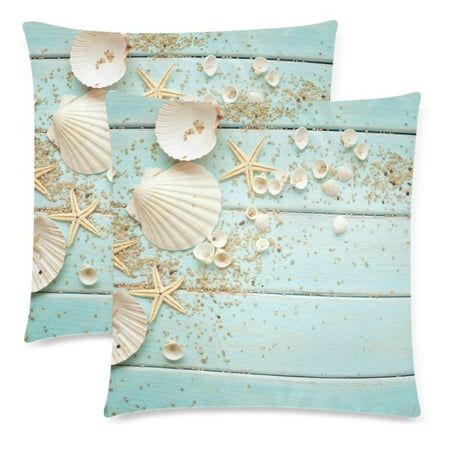 Sham For Bed Set YKCG Wooden with Seashell Starfish Nautical Decor Throw Pillowcase Pillow Case 18x18 Twin Sides for Couch Bed, Ocean Sea Shell Zippered Cushion Pillow Cover Shams Decorative, Set of 2 ()
