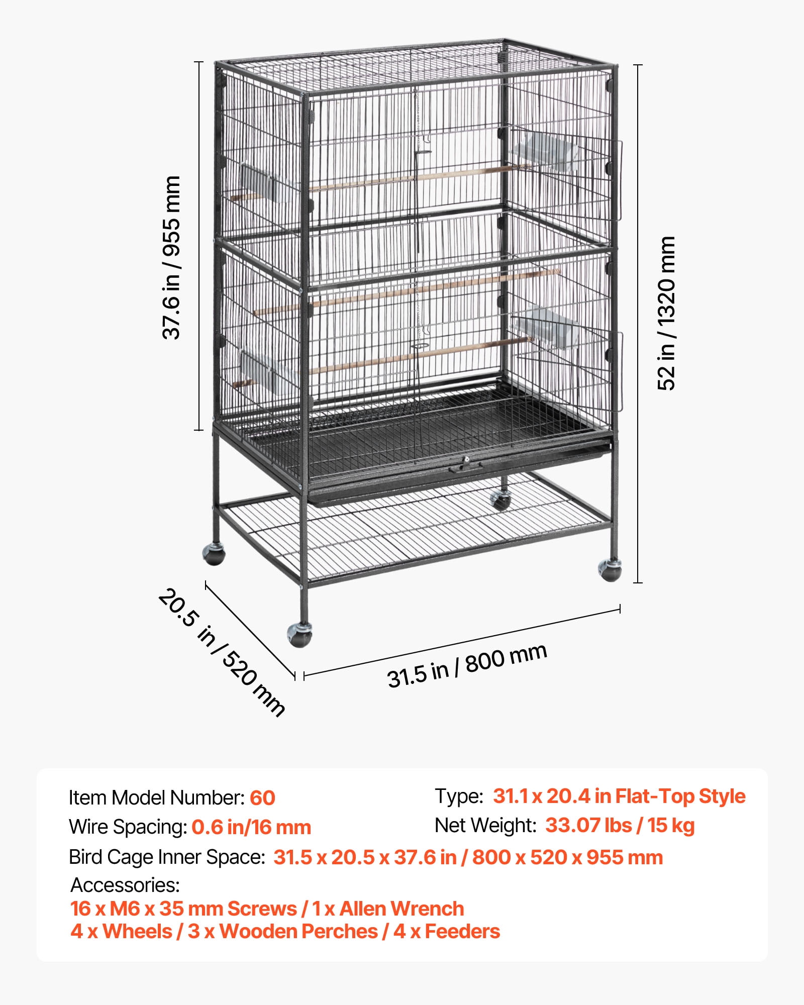 VEVOR Bird Cage, 31.5 x 20.5 x 52 inch, Flat Top, Wrought Iron Bird Flight Cage with Perches, Slide-Out Tray and Plastic Feeders, Casters, for Parrot, Blue Tit, Cockatiel, Canary, and Monk Parakeet