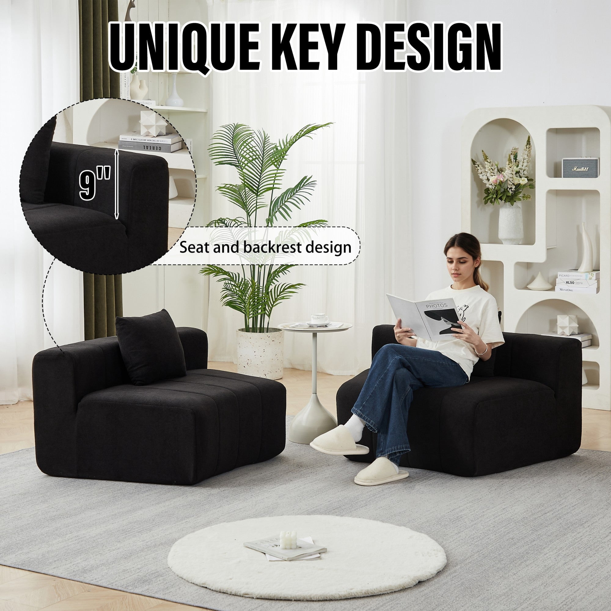 Sailvan Chenille Semi Circular Sofa Sectional, Curved Symmetrical Modular Couch with 2 Pillows for Living Room, Office, No Assembly Required Black