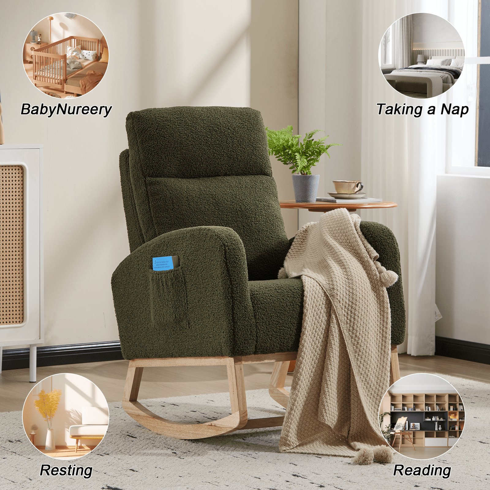 FFZ Modern Accent Rocking Chair Solid Wood Legs Upholstered Nursery Glider Armchair Side Pocket Green